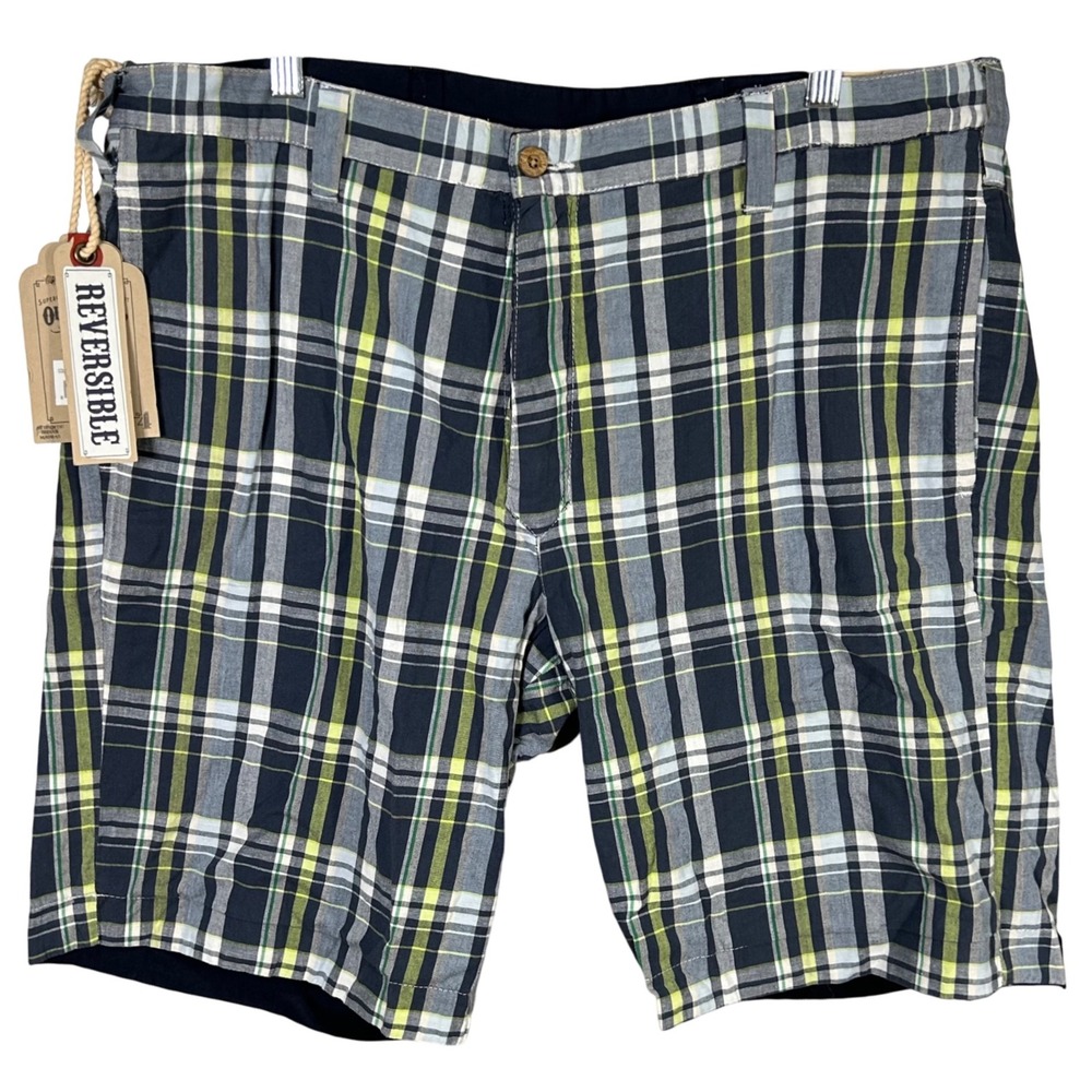 Olde School Brand Reversible Plaid Shorts Navy Mens Size 38 Madras Cotton‎ NWT
